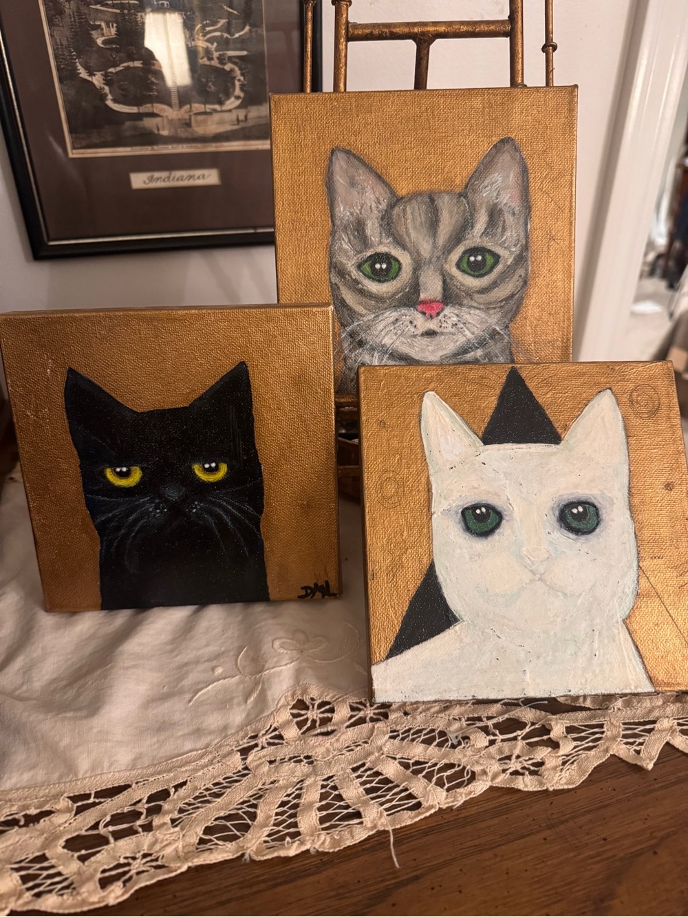 Original Folk Art Cat Paintings Set of 3 Dawn Leach Gold Leaf Signed 2019